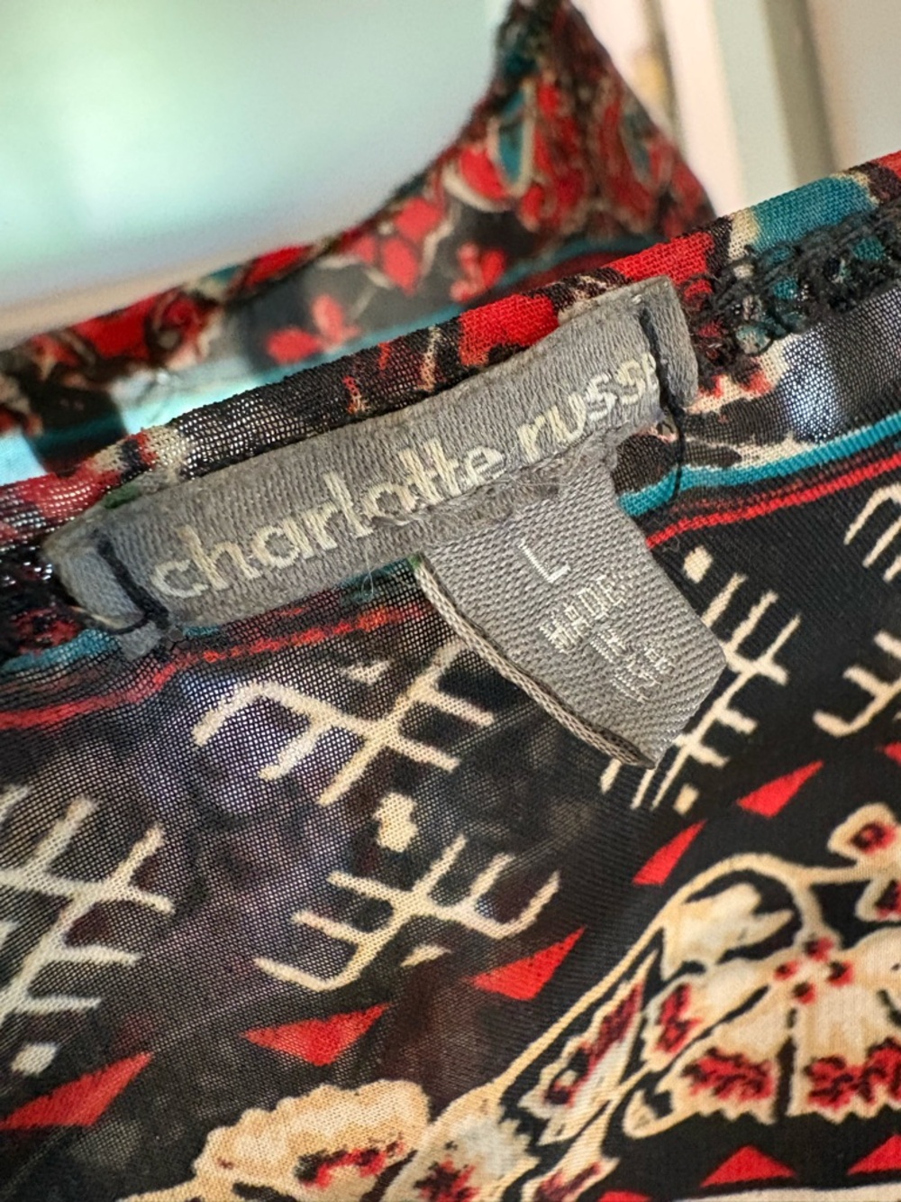 Charlotte Russe Sheer Boho Kimono in Black with Red and Teal Accents - Picture 2 of 3
